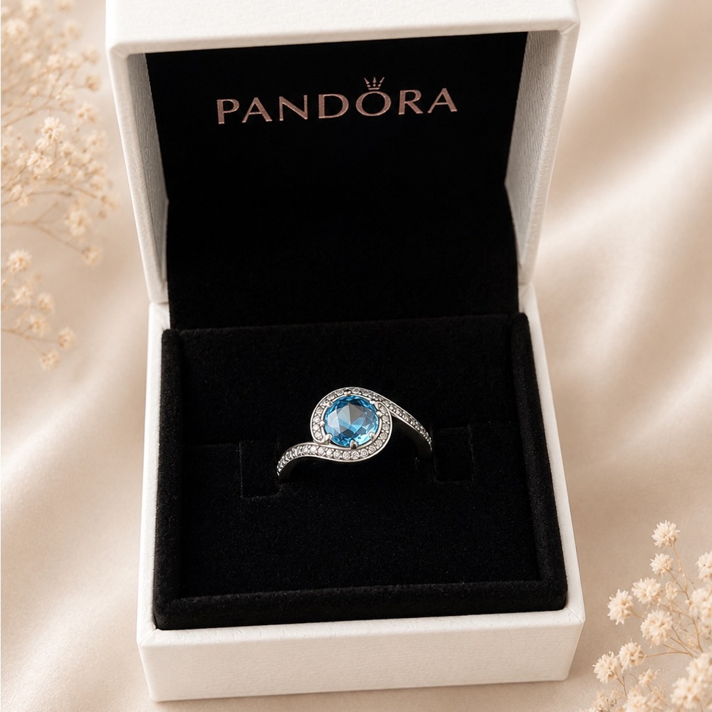 Pandora Silver Ring with Bright Blue Center Stone and Halo